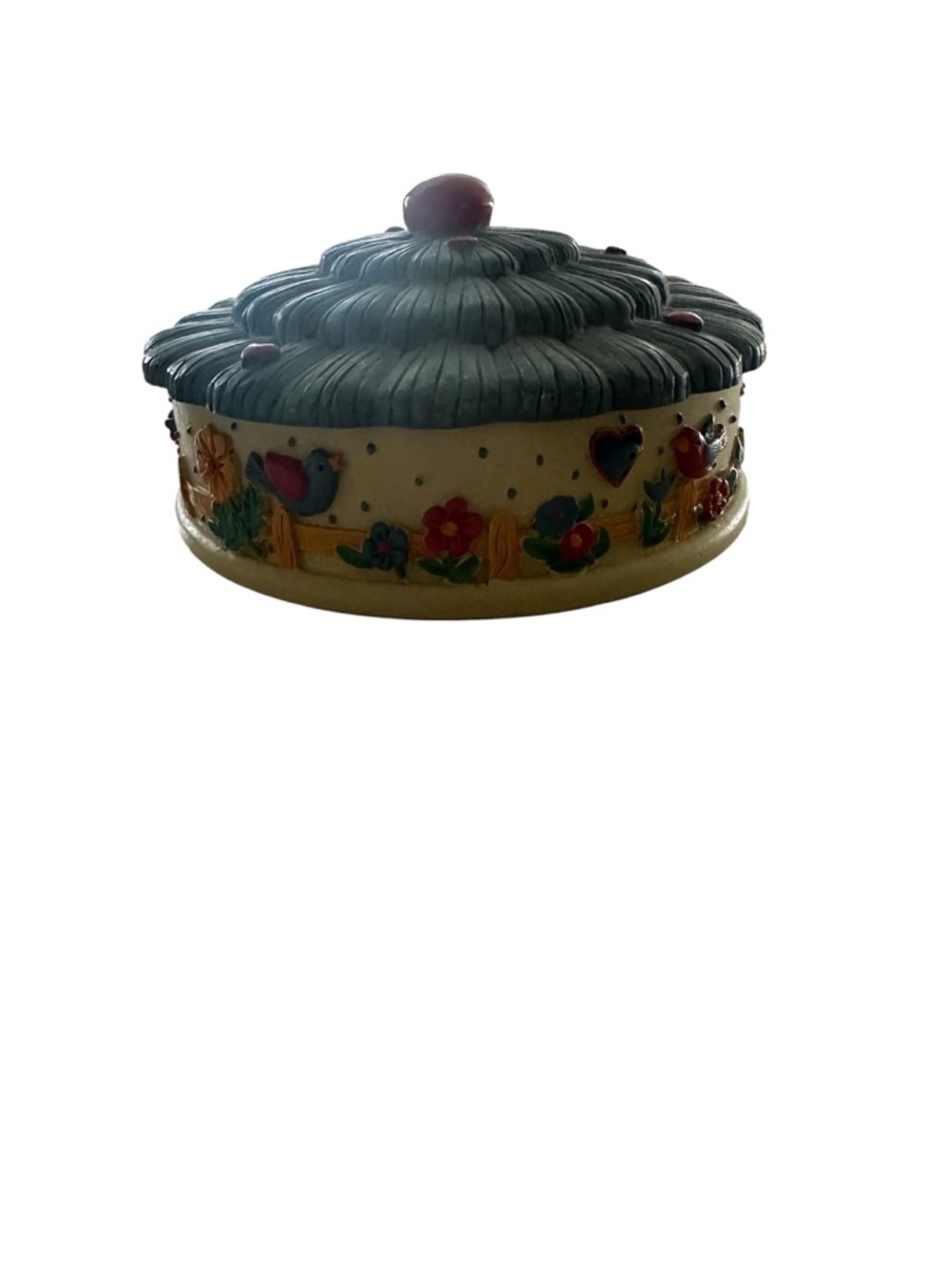 Round Covered Stamp Roll Holder Birds on a Fence w/Hearts, Floral - Stamps